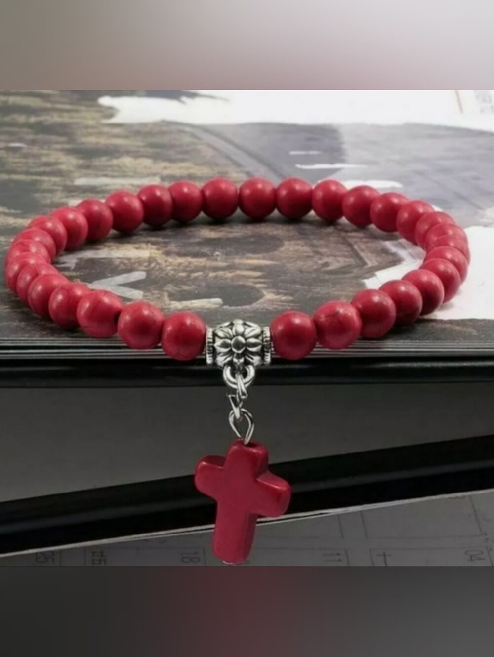 Red Beaded Cross Charm Bracelet 7 Inches